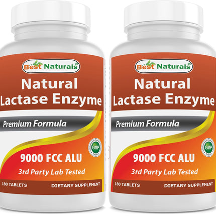Best Naturals Lactase Enzyme Tablets – Fast Acting 9000 FCC ALU, 180 Count per Bottle, Pack of 2