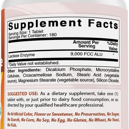 Best Naturals Lactase Enzyme Tablets – Fast Acting 9000 FCC ALU, 180 Count per Bottle, Pack of 2