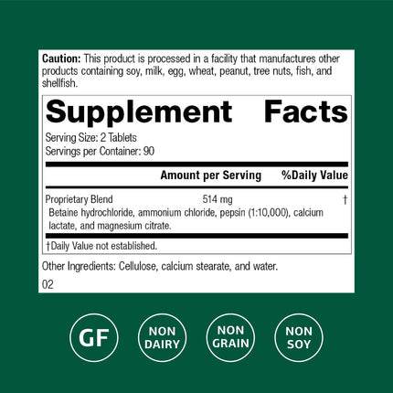 Betaine Hydrochloride Supplement 180 Tablets | Digestive pH Support & Iron Absorption - Gluten-Free