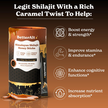 Better Alt Himalayan Shilajit + Honey Sticks – 30 Sticks for Energy, Immunity & Wellness | 85+ Trace Minerals, 75%+ Fulvic Acid