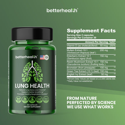 BetterHealth Lung Health Daily – Mullein Leaf, Vitamin D3, Elderberry | Respiratory Support (60 Capsules)