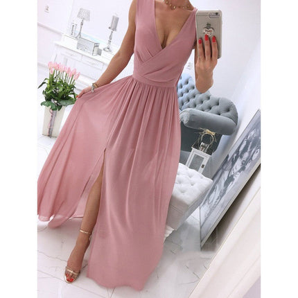 Women's Summer Sleeveless And Ankle Skirt Solid Color V-neck Front Split Long Dress