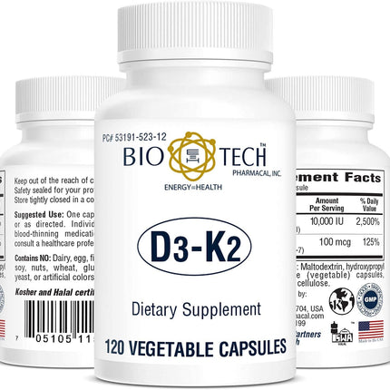 Bio-Tech D3-K2 120 Vegcaps – Vegan Vitamin D3 & K2 for Bone Health