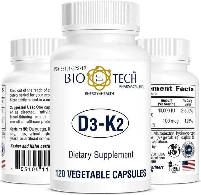 Bio-Tech D3-K2 120 Vegcaps – Vegan Vitamin D3 & K2 for Bone Health