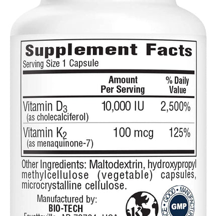 Bio-Tech D3-K2 120 Vegcaps – Vegan Vitamin D3 & K2 for Bone Health