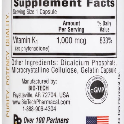 Bio-Tech Pharmacal K1-1000 Vitamin K1 100 Capsules – 3 Pack