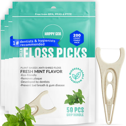 Biodegradable Floss Picks (200pcs) - Plant-Based Mint, Vegan & Nontoxic