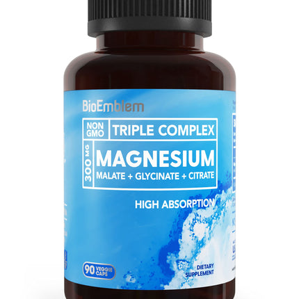 BioEmblem Triple Magnesium Complex - 300mg Mg Glycinate, Malate & Citrate | Vegan, Non-GMO | 90 Capsules