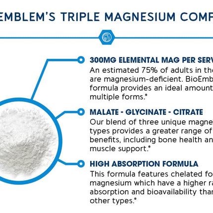 BioEmblem Triple Magnesium Complex 300mg | Glycinate, Malate & Citrate | Vegan 180 Capsules