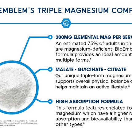 BioEmblem Triple Magnesium Complex - 300mg Mg Glycinate, Malate & Citrate | Vegan, Non-GMO | 90 Capsules