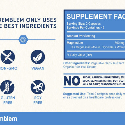 BioEmblem Triple Magnesium Complex - 300mg Mg Glycinate, Malate & Citrate | Vegan, Non-GMO | 90 Capsules