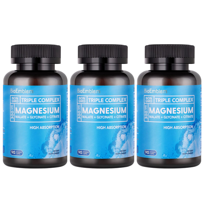 BioEmblem High Absorption Triple Magnesium Complex 300mg | Magnesium Glycinate, Malate & Citrate | Vegan, Non-GMO 270 Capsules