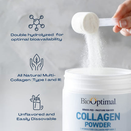 BioOptimal Collagen Peptides Powder – Grass-Fed, Pasture-Raised Hydrolyzed Protein Supplement for Skin, Hair & Nails – Non-GMO, Zero Sugar | 30 Servings