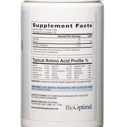 BioOptimal Collagen Peptides Powder – Grass-Fed, Pasture-Raised Hydrolyzed Protein Supplement for Skin, Hair & Nails – Non-GMO, Zero Sugar | 30 Servings