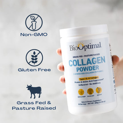 BioOptimal Collagen Peptides Powder – Grass-Fed, Pasture-Raised Hydrolyzed Protein Supplement for Skin, Hair & Nails – Non-GMO, Zero Sugar | 30 Servings