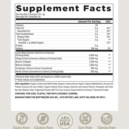 BIOptimizers Mushroom Coffee Alternative – Salted Caramel with Lion’s Mane, Chaga & Reishi + Collagen & MCT – 30 Servings