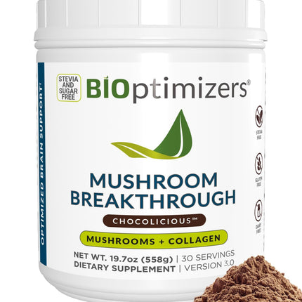 BIOptimizers Mushroom Coffee Alternative – Chocolate with Lion’s Mane, Chaga & Reishi + Collagen Peptides for Focus, Energy & Gut Health – Adaptogenic Mushrooms & MCT Powder – 30 Servings
