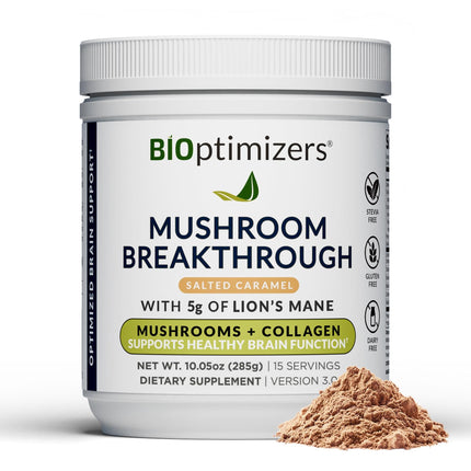 BIOptimizers Mushroom Coffee Alternative – Salted Caramel with Lion's Mane, Chaga, Reishi + Collagen & MCT (15 Servings)