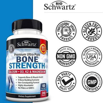 BioSchwartz Bone Strength – Gentle 9-in-1 Calcium Mg Zn D3 K2 for Women & Men
