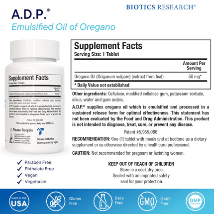 Biotics Research A.D.P. Emulsified Oil of Oregano Tablets – Sustained Release, High Absorption, 120 Tablets