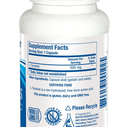 Biotics Research L-Tyrosine 500 mg – Mood & Memory Support, Thyroid Function, Relaxation (100 Capsules)