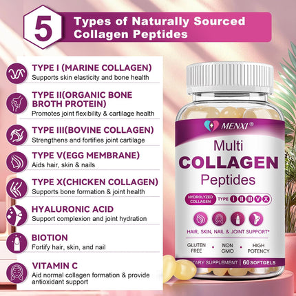 MENXI Multi Collagen Peptides Softgel – Types I–X with Biotin, Vitamin C & Hyaluronic Acid