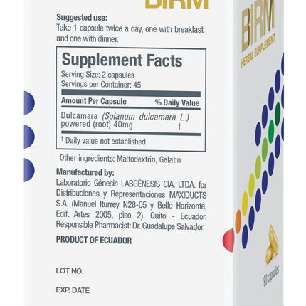 BIRM Preventive Herbal Supplement - Natural Extract Support for a Healthy Immune System - Made in Ecuador, 90 Capsule Bottle (40MG)