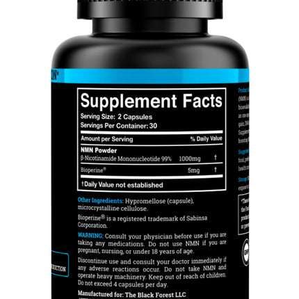 Black Forest NMN 1000mg Supplement – BioPerine Enhanced NAD Booster (60 Capsules)