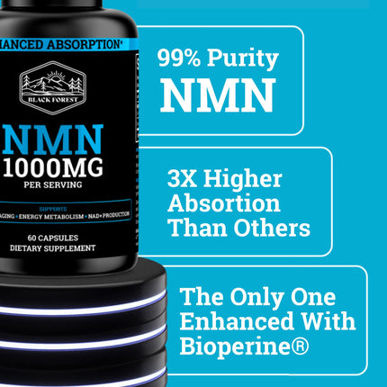 Black Forest NMN 1000mg Supplement – BioPerine Enhanced NAD Booster (60 Capsules)