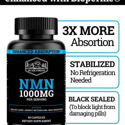 Black Forest NMN 1000mg Supplement – BioPerine Enhanced NAD Booster (60 Capsules)