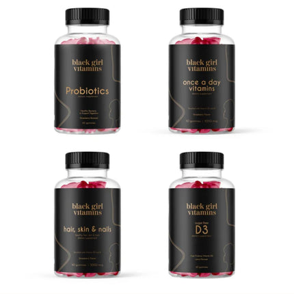 Black Girl Vitamins Complete Wellness Essentials – 30-Day Bundle with D3 Gummies, Probiotics, Hair-Skin-Nails & Sea Moss