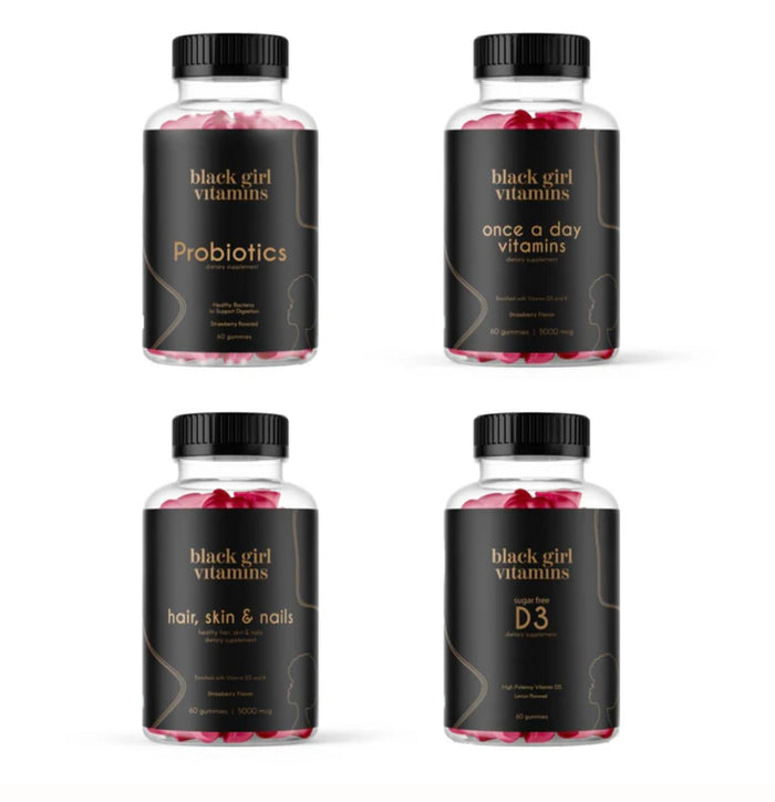 Black Girl Vitamins Complete Wellness Essentials – 30-Day Bundle with D3 Gummies, Probiotics, Hair-Skin-Nails & Sea Moss