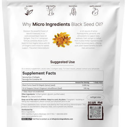 Micro Ingredients Black Seed Oil Softgels 3,000mg | 2-in-1 Oregano Oil Immune Support