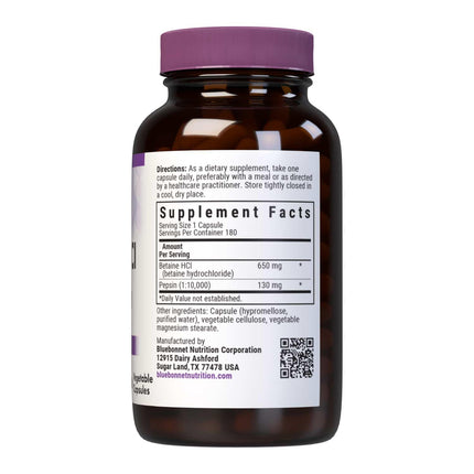 BlueBonnet Betaine HCl Plus Pepsin Vegetarian Capsules, 180 Count | Digestive Support