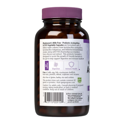 Bluebonnet Milk-Free Probiotic Acidophilus & FOS – 3 Billion CFU/Serving, 250 Veg Capsules, Gluten-Free & Dairy-Free