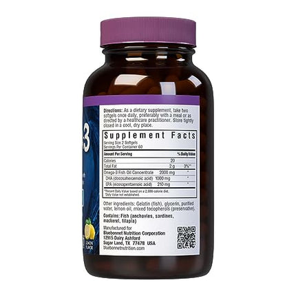 BlueBonnet Omega-3 Brain Formula – Wild-Caught DHA 1000 mg, EPA 210 mg | Burpless Lemon Softgels