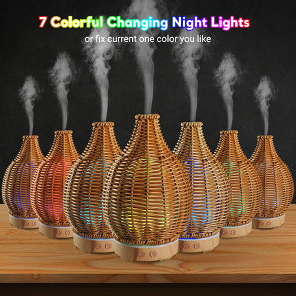 Boho Essential Oil Diffuser with Remote – 100mL, Rattan Weaving, 7-Color Lights