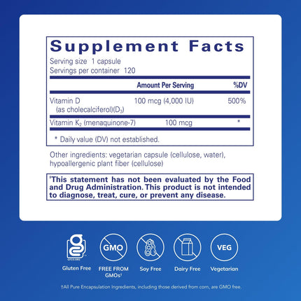 Vitamin D3 & K2 120 Capsules | Pure Encapsulations – Bone, Vascular & Immune Support (Gluten Free, Non-GMO)