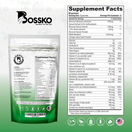 Bossko Sulforaphane Gummies with Omega-3 – Vegan Sugar-Free, 90 Gummies | Broccoli Sprout Extract + EPA/DHA