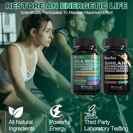 Boysea Shilajit & Sea Moss Bundle – 90 Count | All-in-1 Capsules with Shilajit, Sea Moss, Ashwagandha, Ginger & Rhodiola