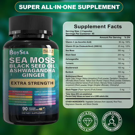 Boysea Shilajit & Sea Moss Bundle – 90 Count | All-in-1 Capsules with Shilajit, Sea Moss, Ashwagandha, Ginger & Rhodiola