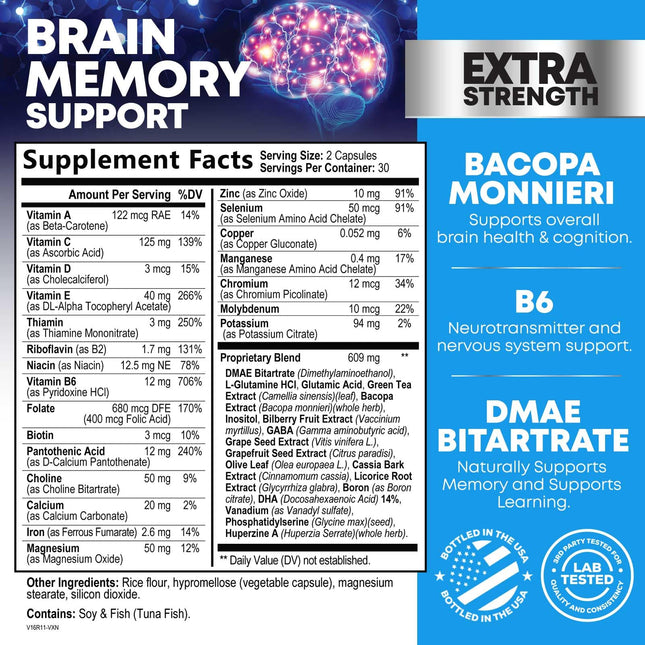 Brain Memory Supplement Pills - 3X Strength Nootropics for Concentration, Clarity & Focus