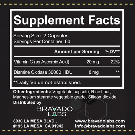Bravado Labs DAO Histamine Blocker – Extra Potent 30,000 HDU Enzyme, Digest & Immune Support, 120 Caps