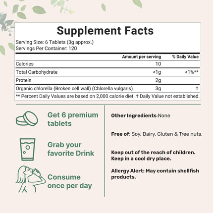 Organic Chlorella Tablets 500mg | 720 Tabs (360g) | Broken Cell Wall | Non-GMO