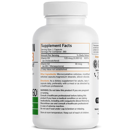 Bronson Vitamin K2 MK-7 with D3 – Non-GMO, 360 Capsules, 5000 IU D3