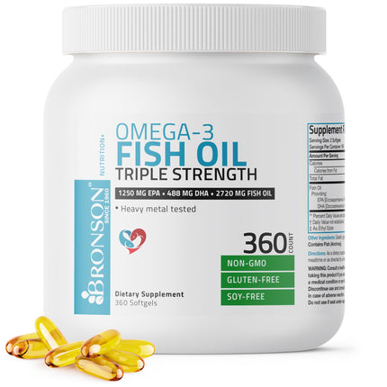 Bronson Omega 3 Fish Oil Triple Strength 2720 mg | High EPA 1250 mg & DHA 488 mg | Non-GMO, Heavy Metal Tested | 360 Softgels