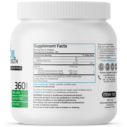 Bronson Omega 3 Fish Oil Triple Strength 2720 mg | High EPA 1250 mg & DHA 488 mg | Non-GMO, Heavy Metal Tested | 360 Softgels
