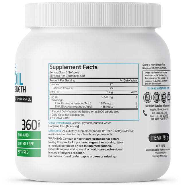 Bronson Omega 3 Fish Oil Triple Strength 2720 mg | High EPA 1250 mg & DHA 488 mg | Non-GMO, Heavy Metal Tested | 360 Softgels