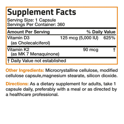 Bronson Vitamin K2 MK-7 with D3 – Non-GMO, 360 Capsules, 5000 IU D3