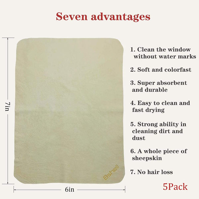 BSHELL Chamois Cloth 7x6 in (Pack of 5) - Natural Leather Cleaning Cloths for Glasses, Jewelry, Cameras